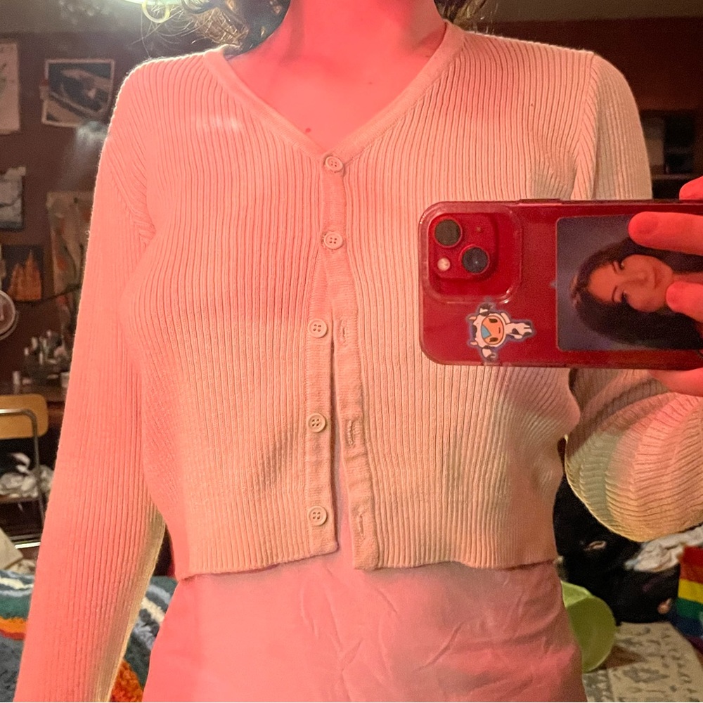 slightly cropped light green button up sweater